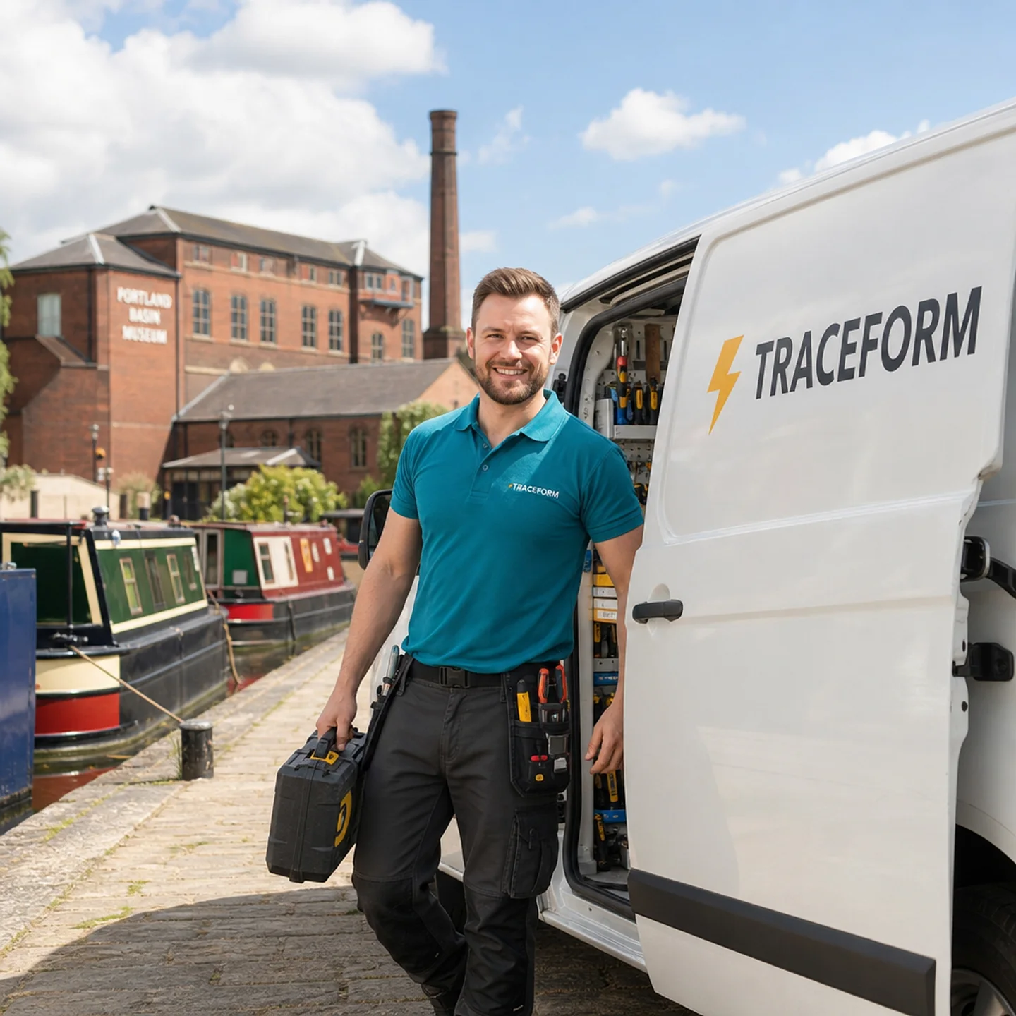 TRACEFORM emergency electrician with a white van beside the narrowboats and red-brick mill at Portland Basin, Ashton-under-Lyne, in bright sunshine