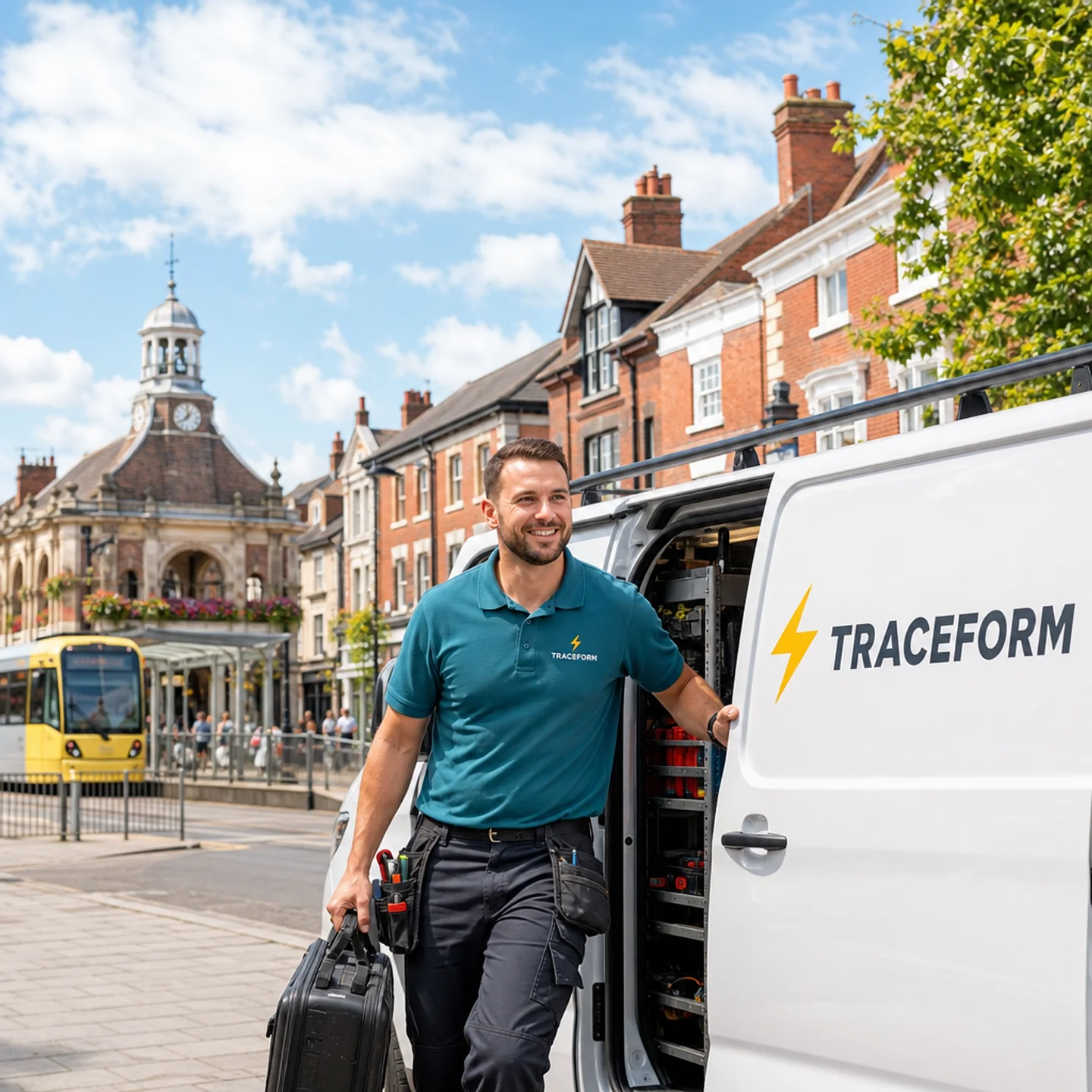 TRACEFORM emergency electrician stepping from a white van on a leafy Altrincham street with a Metrolink tram behind