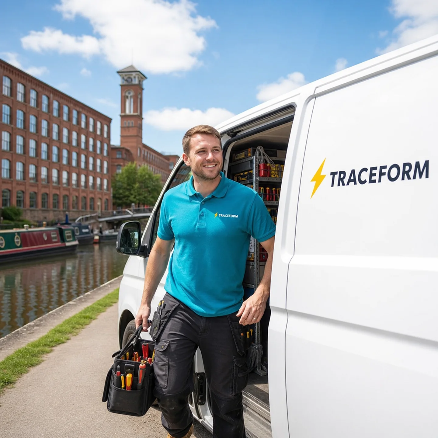 TRACEFORM emergency electrician beside a white van on the canal towpath at Wigan Pier with red-brick mills behind
