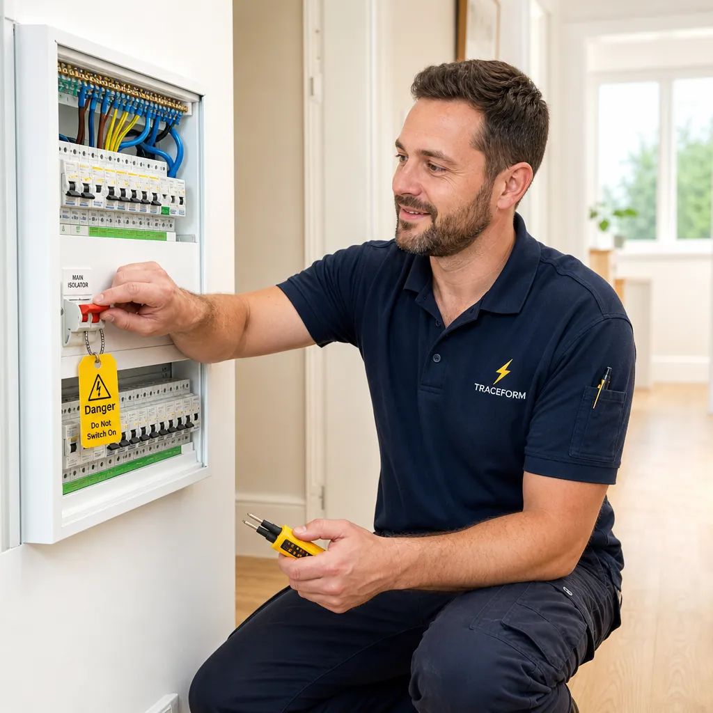 TRACEFORM electrician isolating a consumer unit and fitting a lock-off tag before starting work
