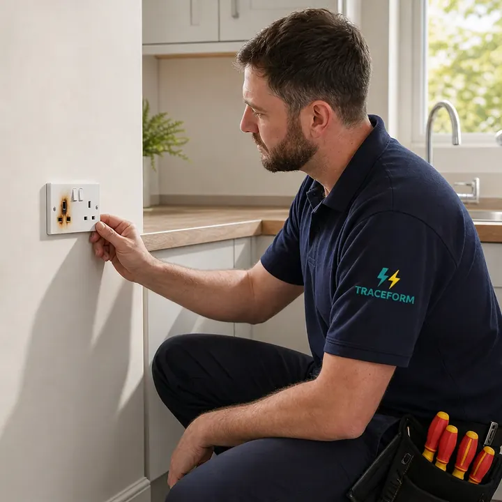 TRACEFORM electrician checking a scorched kitchen socket