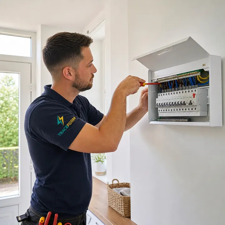 TRACEFORM electrician working inside an open consumer unit
