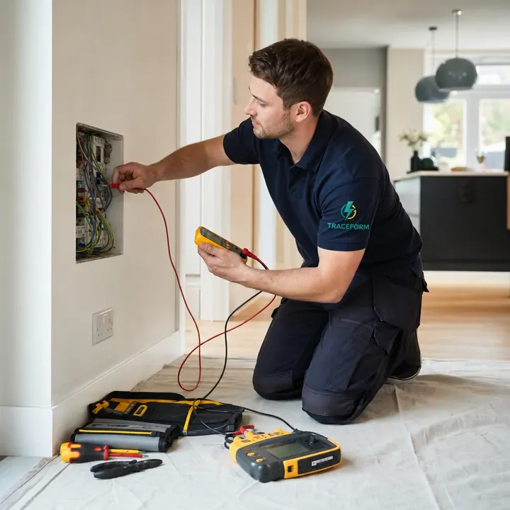 TRACEFORM electrician fault-finding with a multimeter at a wall box