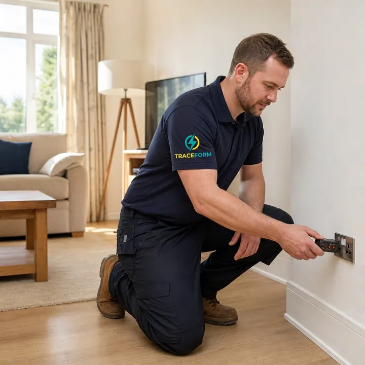 TRACEFORM electrician testing a wall socket in a bright living room