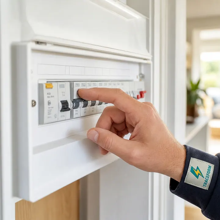 Hand resetting a tripped RCD inside a consumer unit