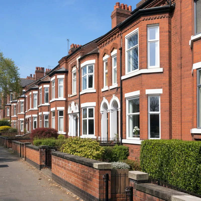 Row of red-brick terraced houses on a Manchester street