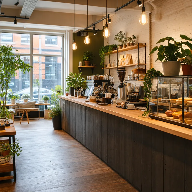 Bright independent cafe interior with plants and a serving counter