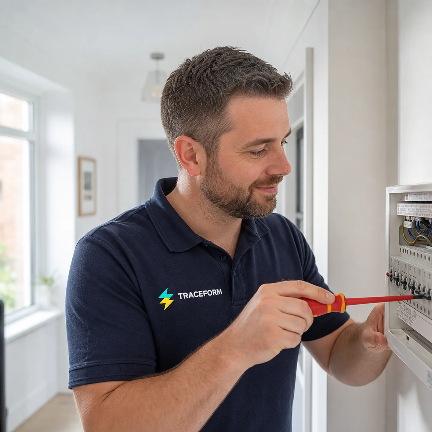 TRACEFORM emergency electrician in branded workwear working on a domestic consumer unit with a screwdriver in a bright Manchester home