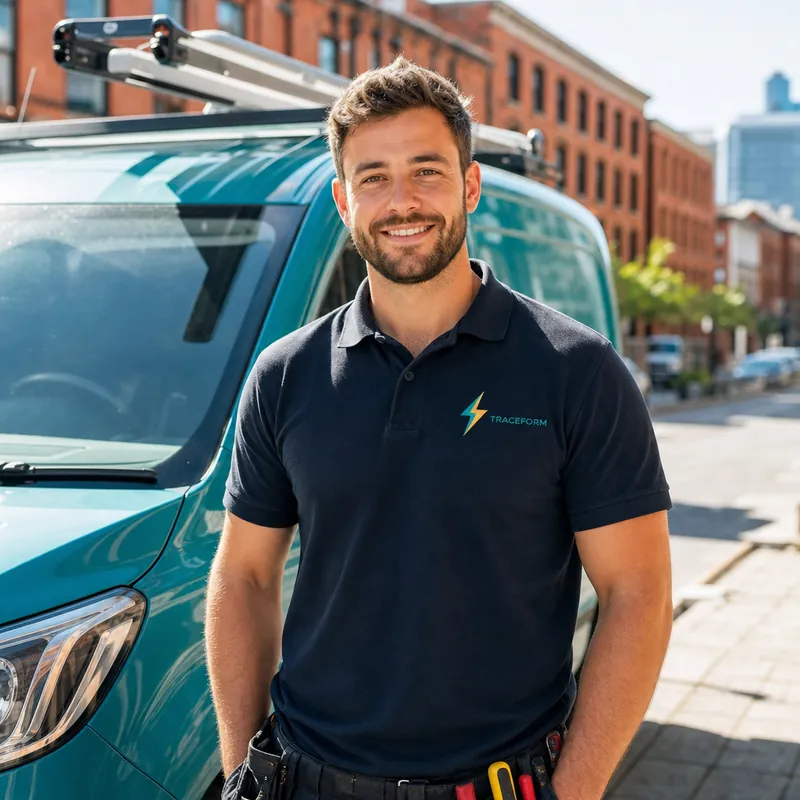 Smiling TRACEFORM electrician standing beside the teal service van