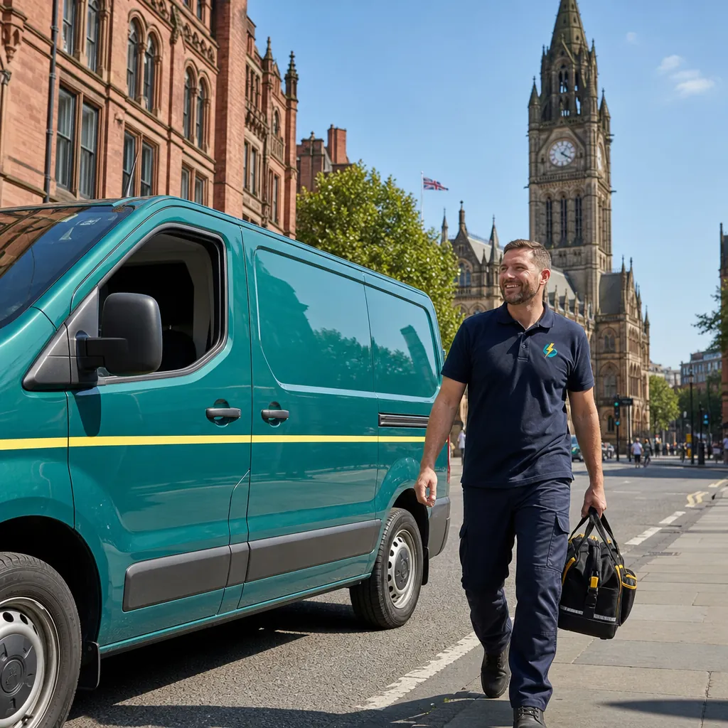 TRACEFORM electrician walking from the teal van near Manchester Town Hall