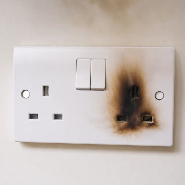 Double socket with heavy scorch marks around the right-hand outlet
