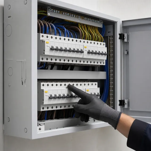 Gloved hand checking circuit breakers in a wired consumer unit