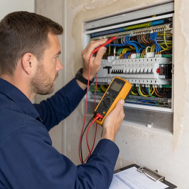 Electrician using a multimeter to test a consumer unit during an EICR