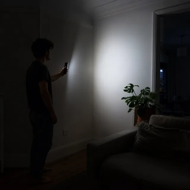 Person using a phone torch in a dark living room during a power cut