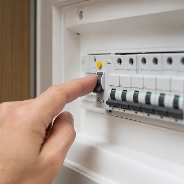 Finger resetting a tripped RCD on a consumer unit