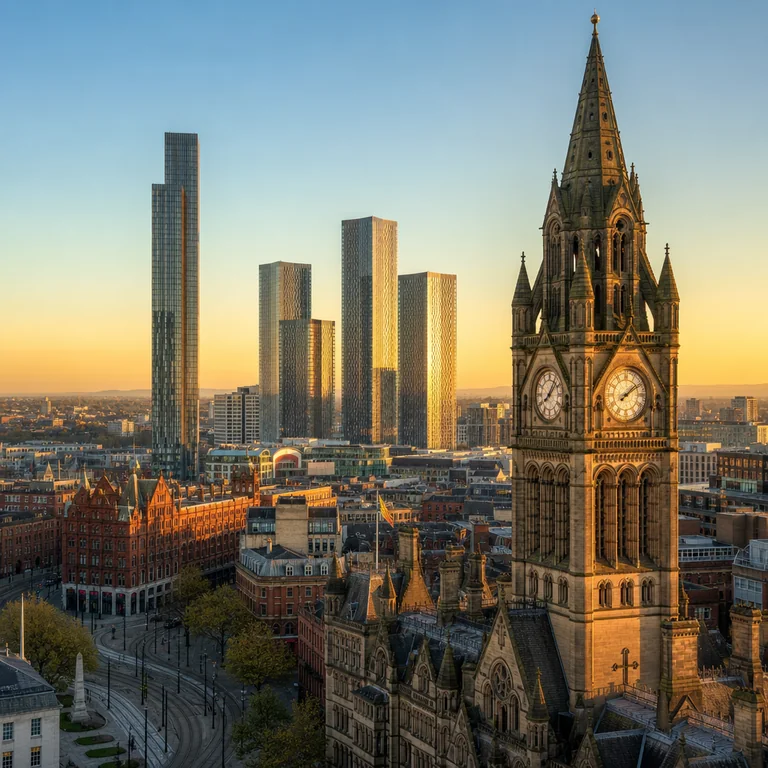 Manchester Town Hall and city skyline at golden hour