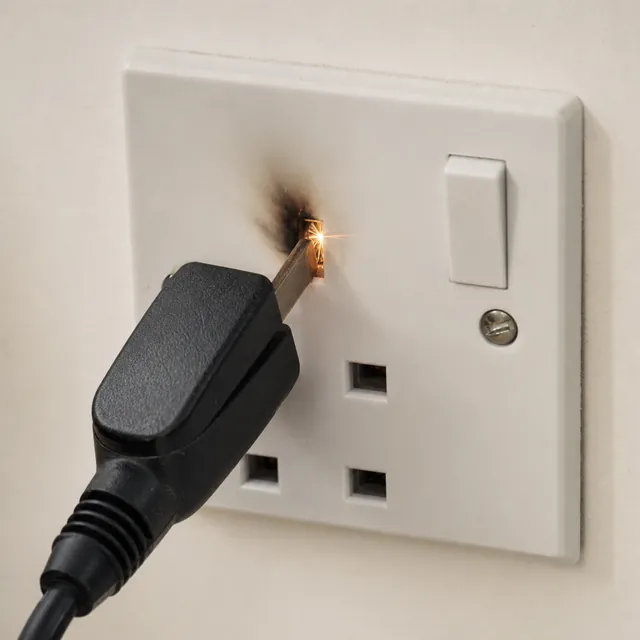 Black plug sparking as it is pulled from a wall socket