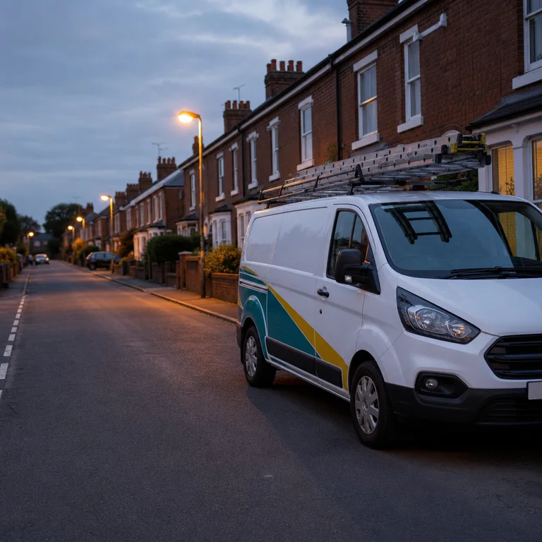 TRACEFORM van parked on a residential street at dusk